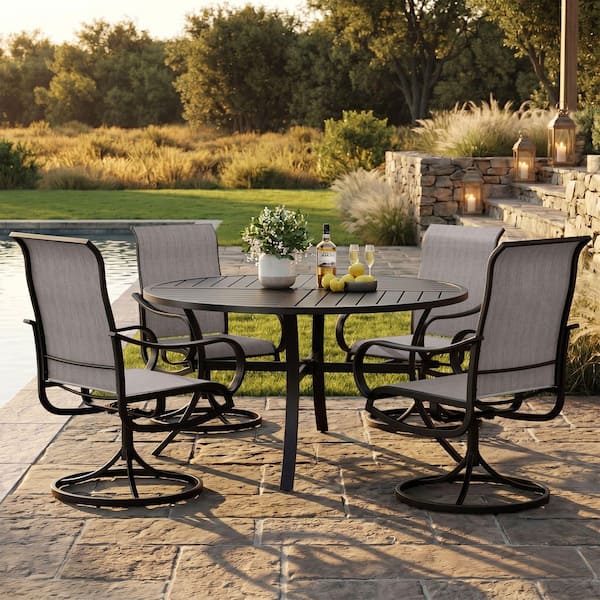 Black 5-Piece Metal Outdoor Dining Set with Round Table and Textilene Swivel Chairs
