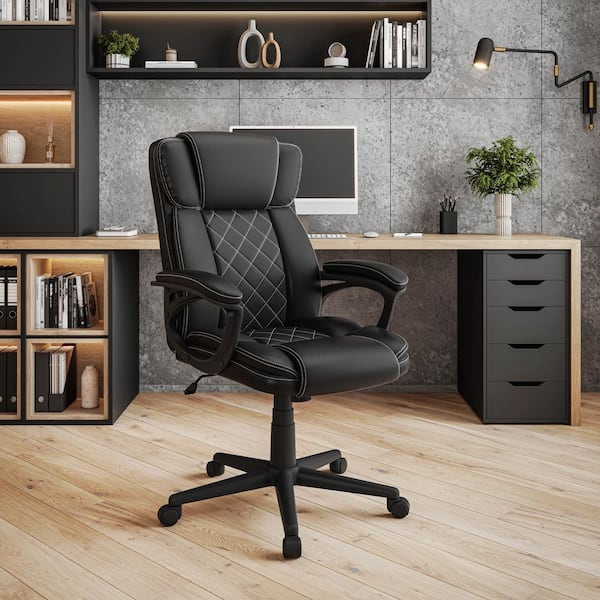 Faux Leather Adjustable Height Ergonomic Executive Office Chair in Black with Swivel Base