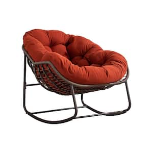 Deluxe Oversized Wicker Rattan Padded Steel Frame Outdoor Rocking Chair with Orange Cushion Set of 2