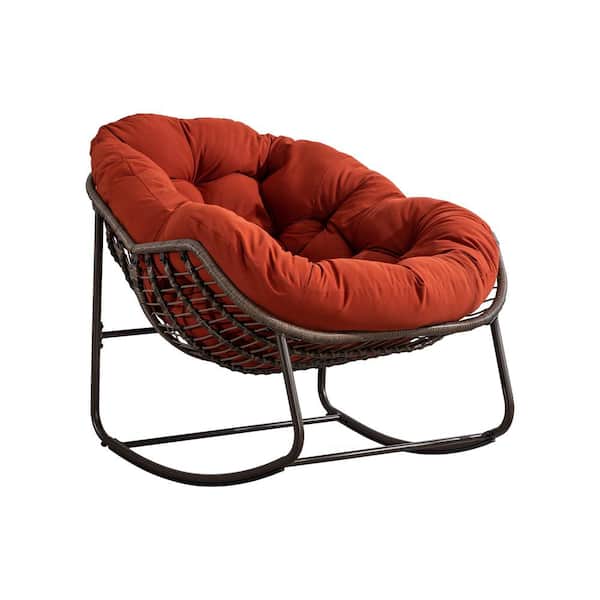 HOMEFUN Deluxe Oversized Wicker Rattan Padded Steel Frame Outdoor Rocking Chair with Orange Cushion Set of 2
