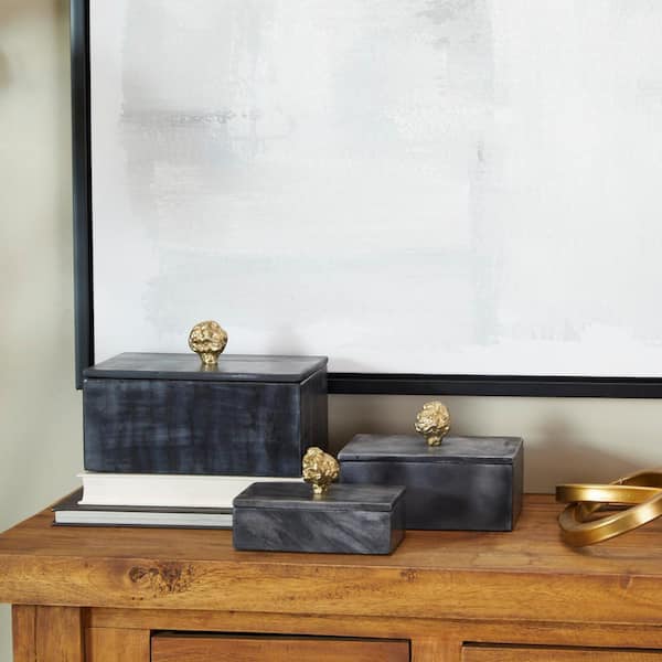 Litton Lane Rectangle Marble Box with Gold Finial (Set of 3)