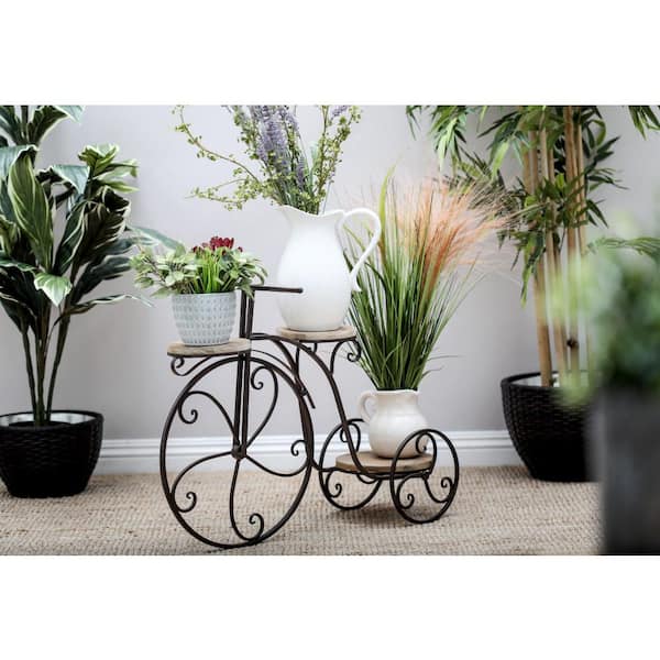 Litton Lane 23 in. Brown Round Metal Bicycle Plantstand with 2-Tiers