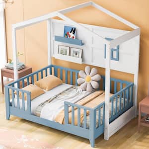 White Wood Frame Twin Size House Platform Bed with Blue Fence, Roof and 2-Storage Shelves