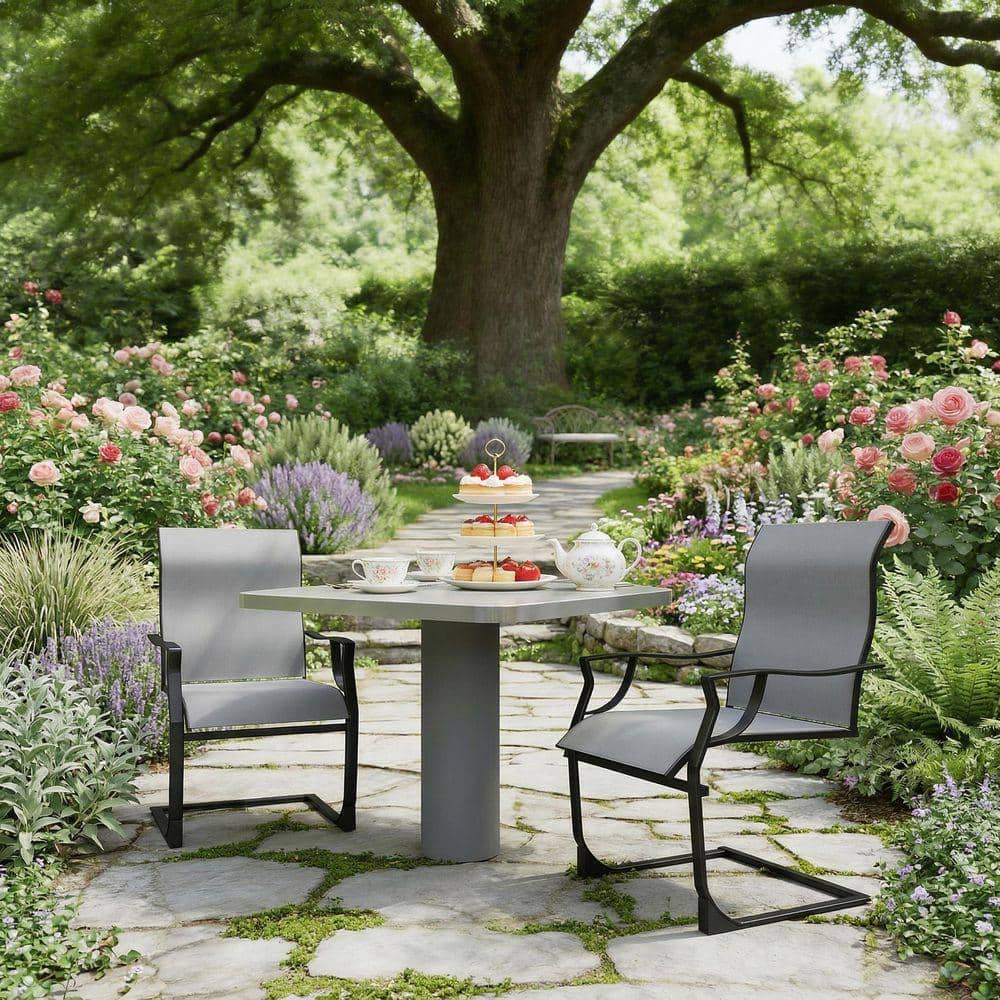 Gray All-Weather Metal Outdoor Dining Chairs with C-Spring Motion