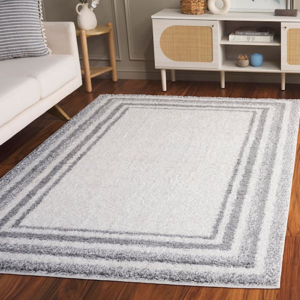 Border and Stripe Shag 5 ft. x 8 ft. Ivory/Gray Concentric Border Area Rug