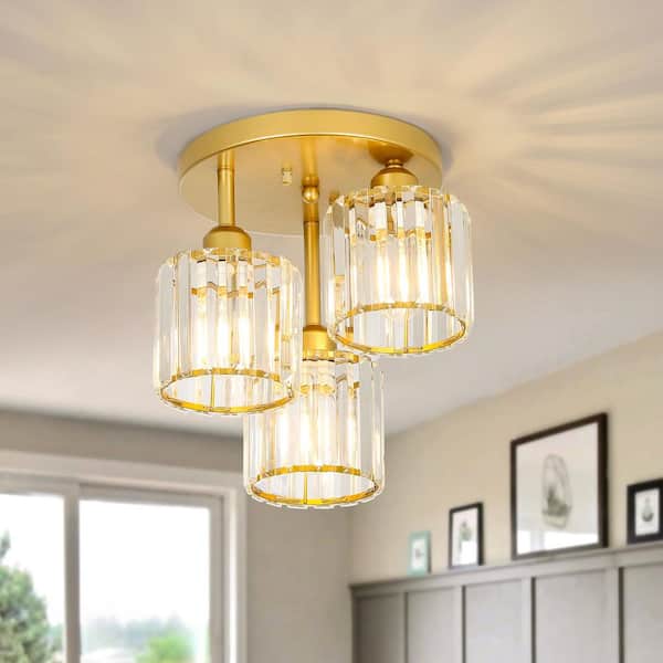 11.8 in. 3-Light Gold Modern Entryway Semi-Flush Mount Ceiling Light with Clear Crystal Shades