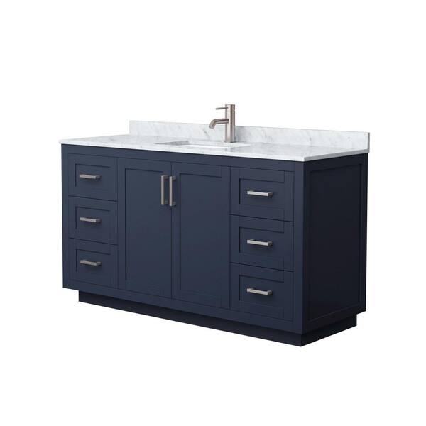 Wyndham Collection Miranda 60 in. W Single Bath Vanity in Dark Blue with Marble Vanity Top in White Carrara with White Basin