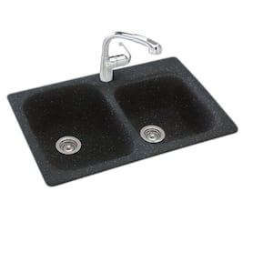 Drop-In/Undermount Solid Surface 33 in. 1-Hole 55/45 Double Bowl Kitchen Sink in Black Galaxy