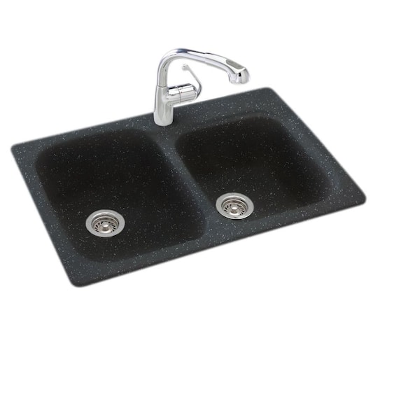Swan Drop-In/Undermount Solid Surface 33 in. 1-Hole 55/45 Double Bowl Kitchen Sink in Black Galaxy