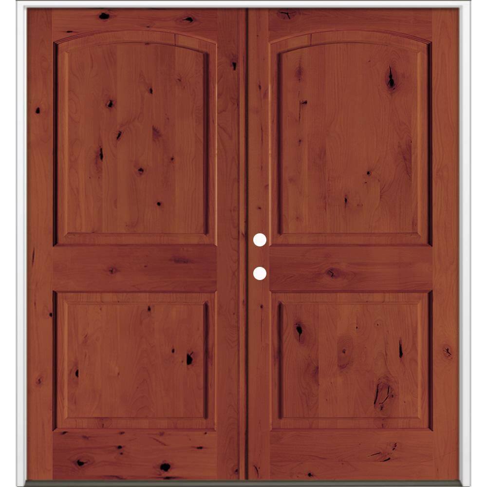 64 in. x 80 in. Rustic Knotty Alder 2-Panel Arch-Top Active Right Double BEHR Amaretto Stain Wood Prehung Front Door price history on PriceWatchPro