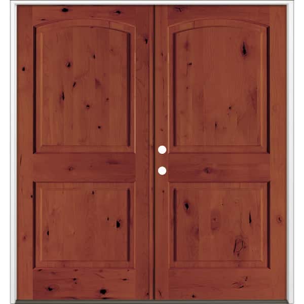 72 in. x 80 in. Rustic Knotty Alder 2-Panel Arch-Top Active Right Double BEHR Amaretto Stain Wood Prehung Front Door