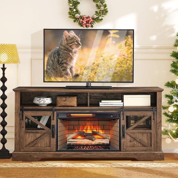60 in. Freestanding Ultra Thin Tempered Glass Front Smart Electric Fireplace and TV Stand with Remote in Brown