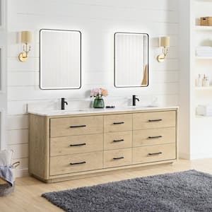 Porto 84 in. W x 22 in. D x 33.8 in. H Double Sink Bath Vanity in Natural Oak with White Qt. Stone Top and Mirror