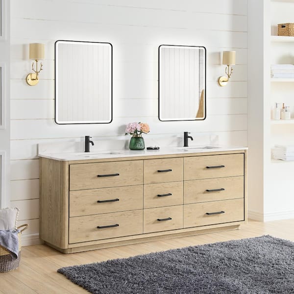 Porto 84 in. W x 22 in. D x 33.8 in. H Double Sink Bath Vanity in Natural Oak with White Qt. Stone Top and Mirror