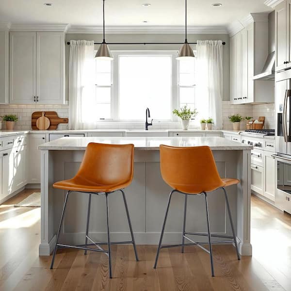 24 in. Whiskey Brown Modern Low Back Metal Counter Stool with Faux Leather Seat, Set of 2
