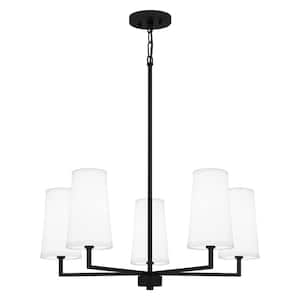 5-Light Matte Black Candlestick Chandelier with White Fabric Shades