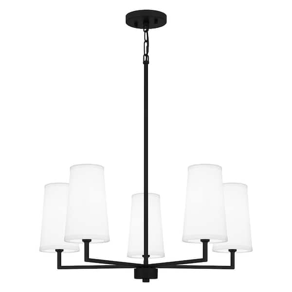 Hampton Bay Lanshire 5-Light Matte Black Candlestick Chandelier with White Fabric Shades