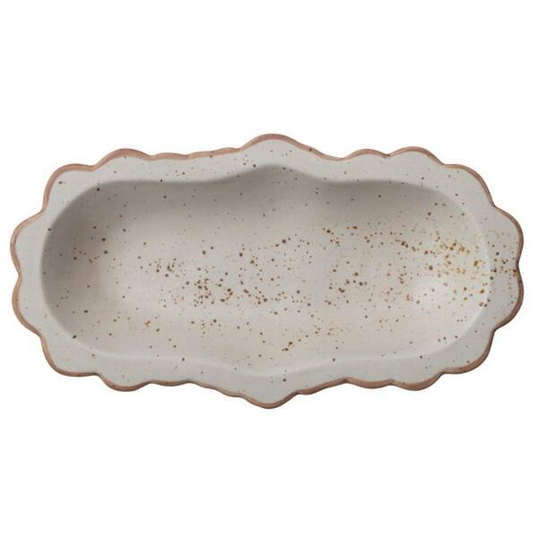 Storied Home 18 in. Ivory and Brown Stoneware Serving Platter/Bowl with Scalloped Edge