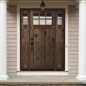64 in. x 96 in. Craftsman Alder Right-Hand/Inswing 10-Lite Clear Glass Grey Stain Wood Prehung Front Door with Sidelites