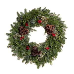 22 in. Live Evergreen Bounty Christmas Wreath With Fresh Pacific Northwest Cedar, Noble Fir and Bright Red Berries