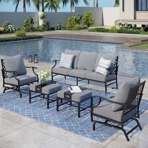 Black 5-Piece Metal Meshed 7-Seat Outdoor Patio Conversation Set with Gray Cushions, 2 Motion Chairs and 2 Ottomans