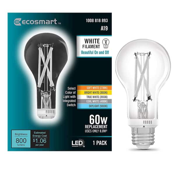 60-Watt Equivalent A19 Dimmable White Filament CEC Clear Glass E26 Medium Base LED Light Bulb Selectable White (1-Pack)