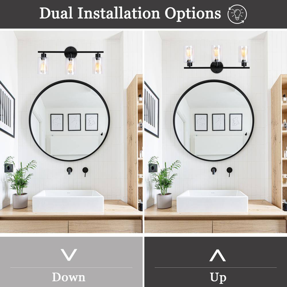 Black Metal 3-Light Vanity with Clear Glass Shades