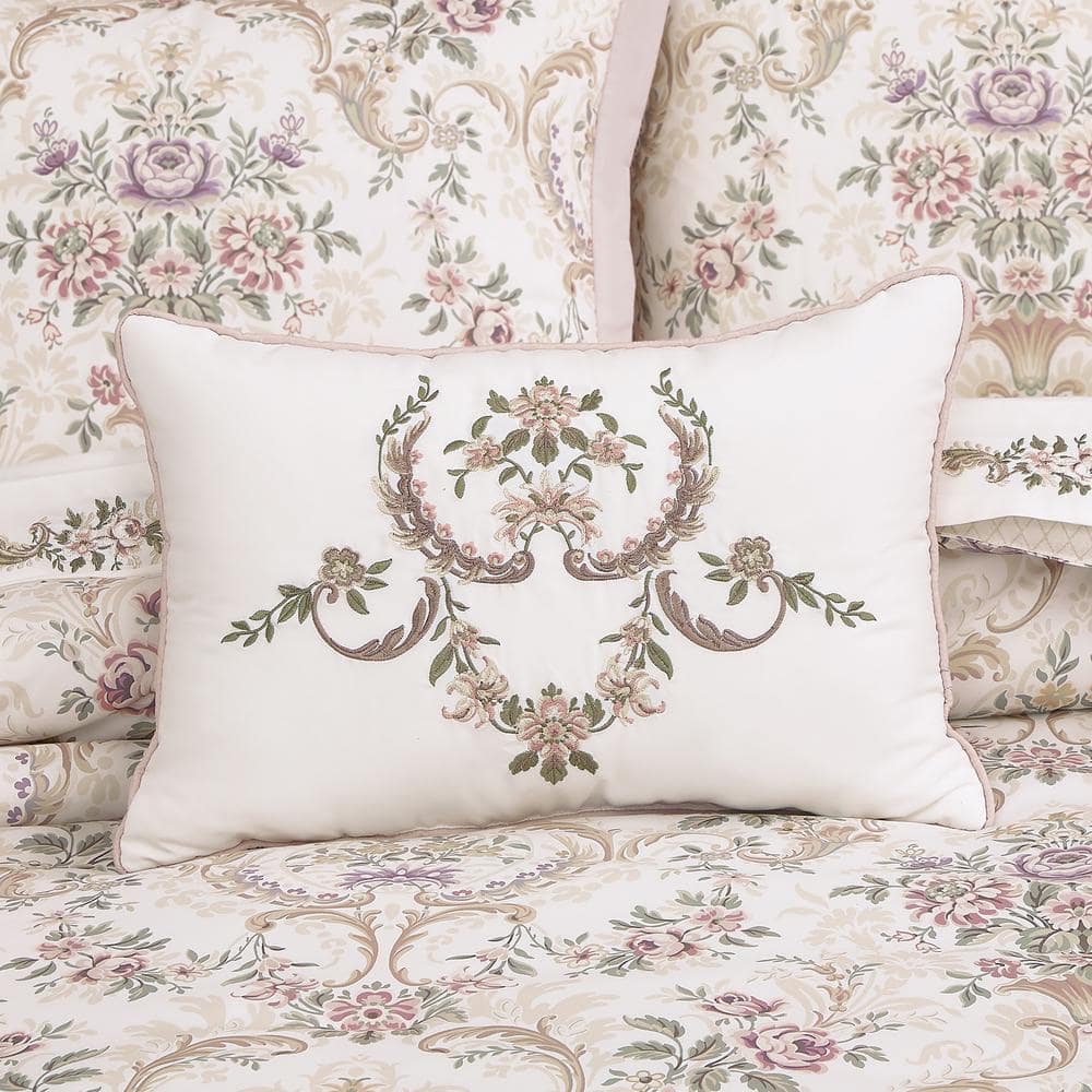 Blush and White Embroidered Floral Rectangular Throw Pillow