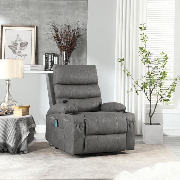 36.2 in. Charcoal Grey PU Leather Power Lift Recliner Chair with Side Pocket for Easy Access