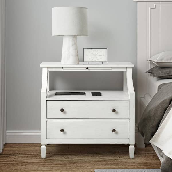 JAYDEN CREATION Jacqueline White 2-Drawer Nightstand with Built-In Outlets