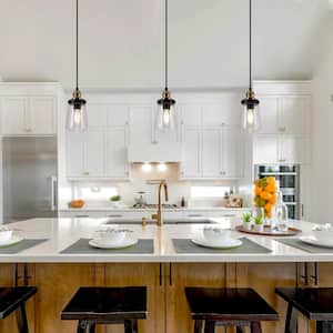 Modern Kitchen Island Chandelier Pendant Light 1-Light Black and Brass Cylinder Pendant Light with Clear Glass Shade