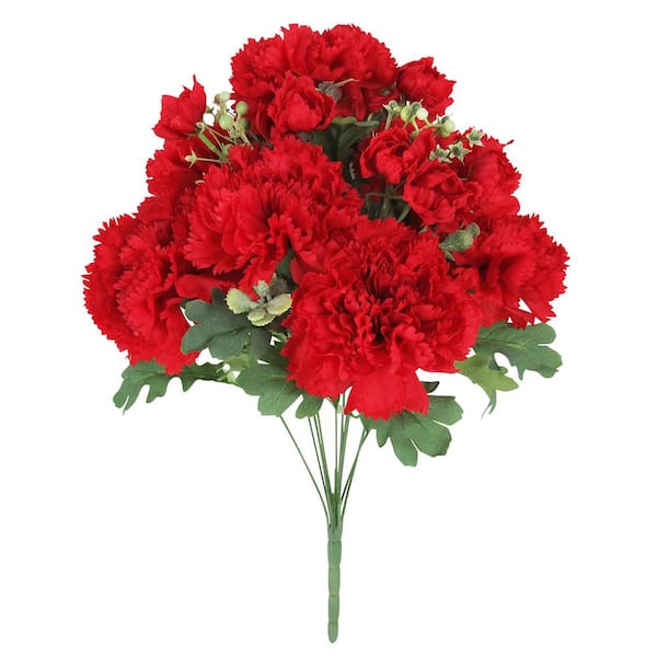 LIVING LUXURY 18 in. Red Artificial Carnation Flower Stem Bush Bouquet (Set of 2)