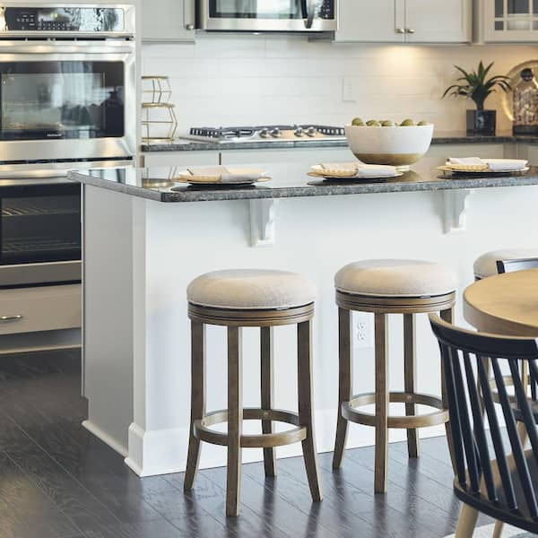 Victoria 26 in.. Honeysuckle Backless Wood Swivel Counter Stool with Upholstered Beige Seat, 1-Stool