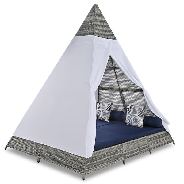 Tent Shape Gray Wicker Outdoor Day Bed with Tent Canopy, Adjustable Feet, Blue Cushions and Colorful Pillows