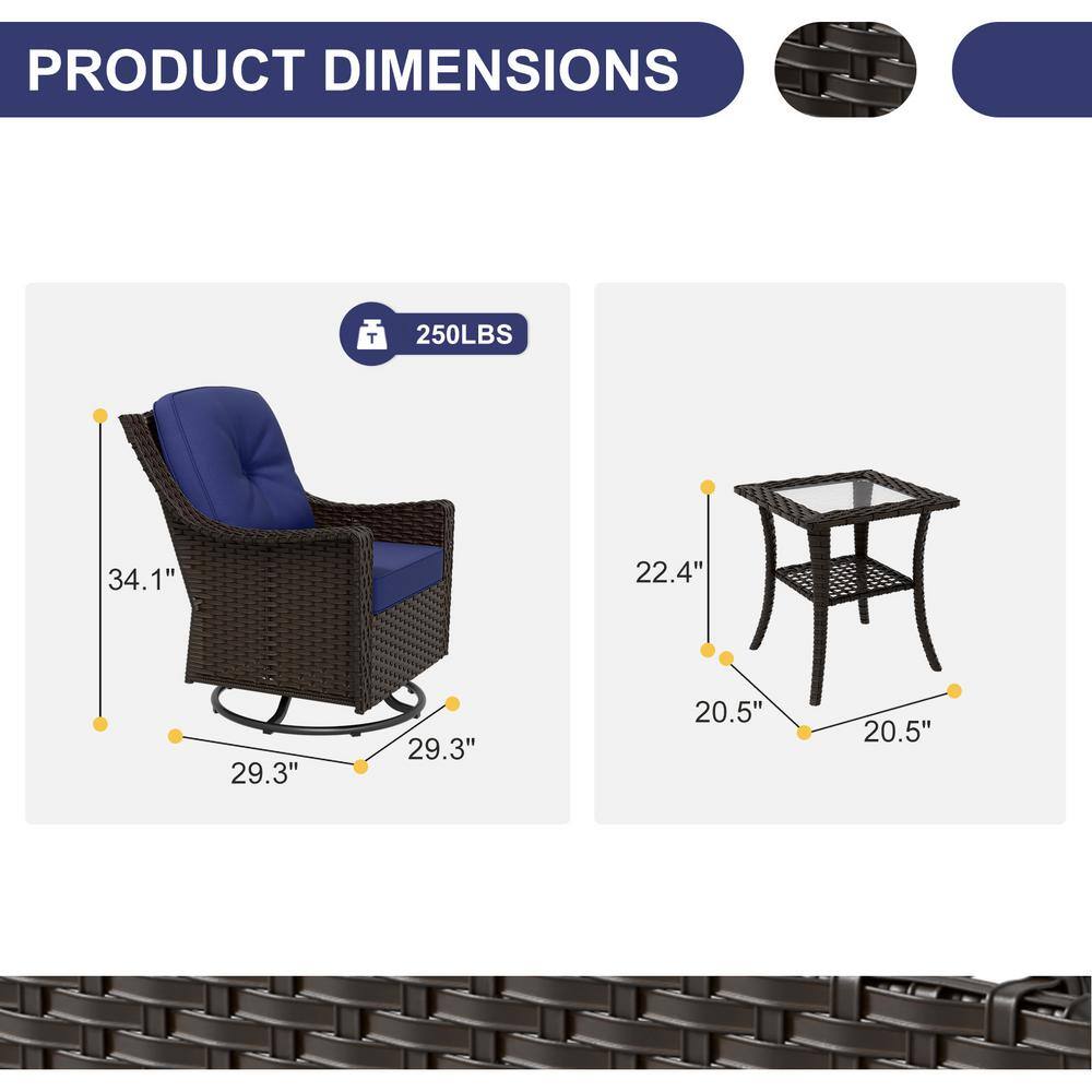 Azure Bay 3-Piece Brown Steel Wicker Outdoor Bistro Set with Blue Cushions