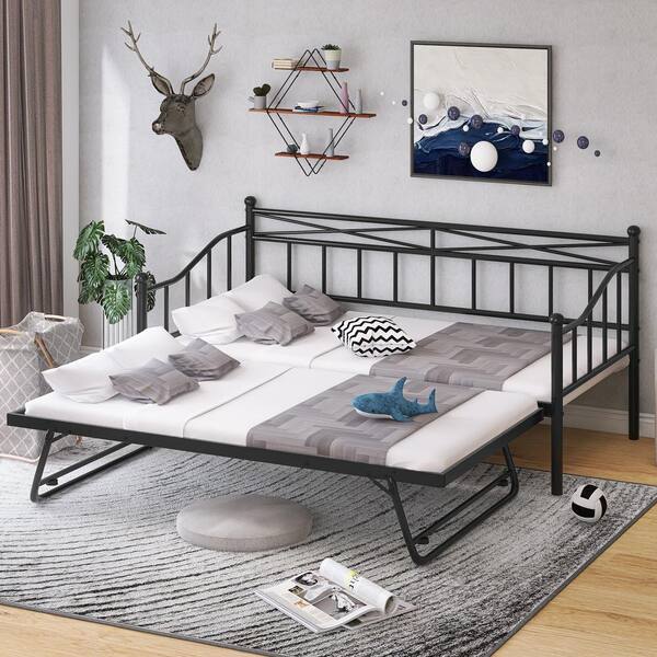 GODEER Black Twin Size Metal DayBed with Twin Size Adjustable Trundle ...
