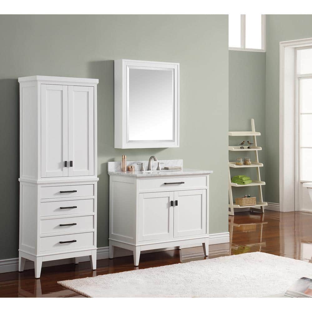 Elegant Transitional 36"x28" White Framed Mirror Cabinet