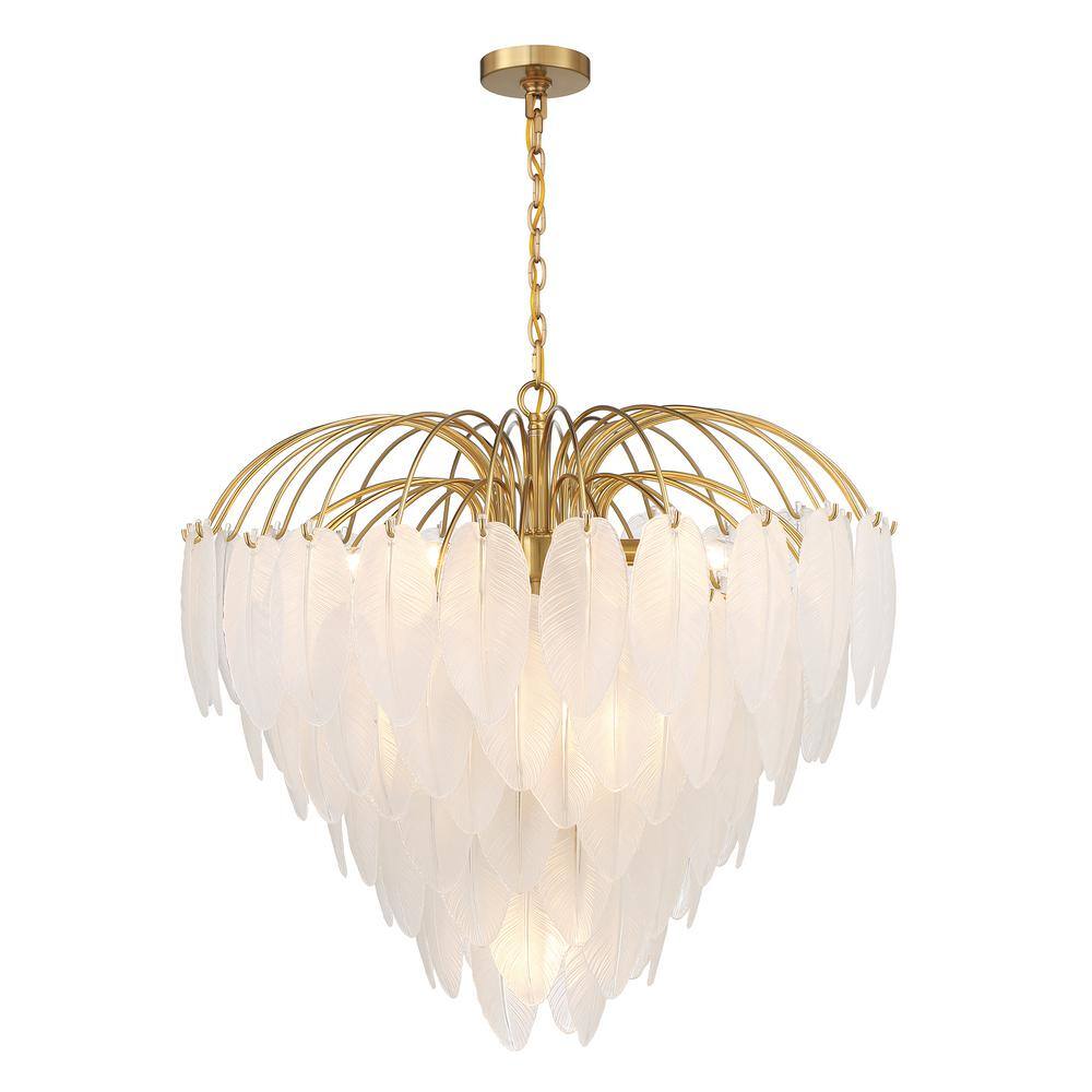 Luxurious Warm Brass 9-Light Chandelier with Frosted Glass Feathers