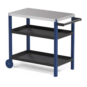 Navy Blue and Black Outdoor Grill Cart Movable Food Prep Table with Stainless Steel Tabletop and Wheels Kitchen Island