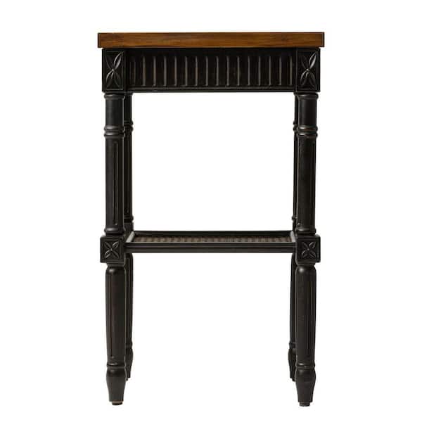 Rustic 13 in. Black Rectangular MDF End Table with Espresso Tray Top and Woven Wicker Shelf
