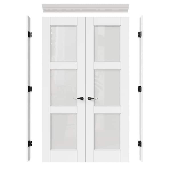 48 in. x 80 in. 3-Lite Frosted Glass Universal White Solid Core Wood Double Prehung French Door+ Quick Assemble Jamb