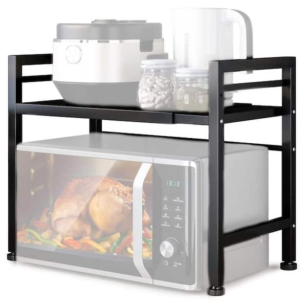 3-Shelf Carbon Steel Expandable Microwave Oven Stand Countertop Storage Rack with 3 Hooks Space Saving Organizer
