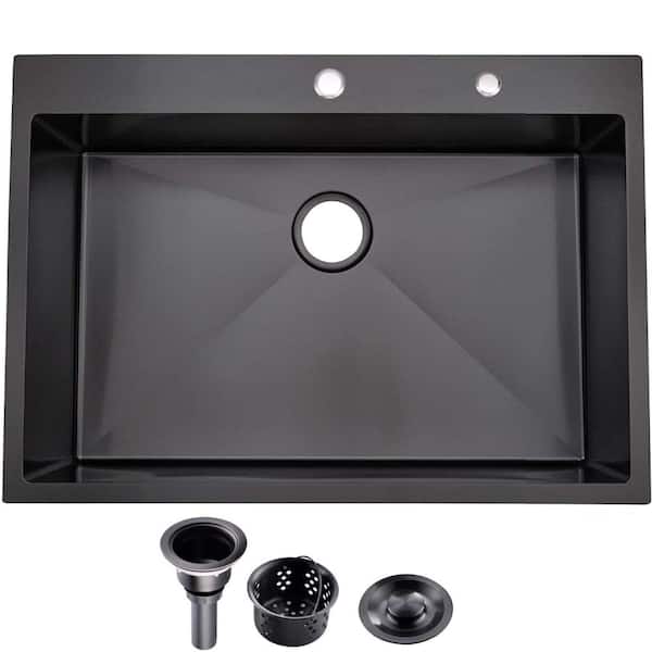 33 in. Drop-In Single Bowl 18-Gauge Gunmetal Black Stainless Steel Handmade Commercial Workstation
