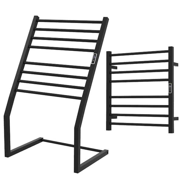 8-Bar Black Electric Plug-In Drying Rack Freestanding and Wall-mounted Towel Warmer with LED Display