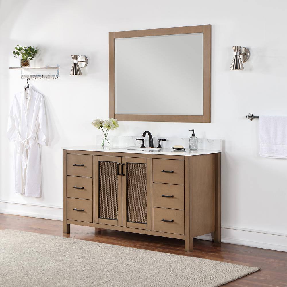 Hadiya 60" Brown Pine Vanity with White Composite Stone Countertop
