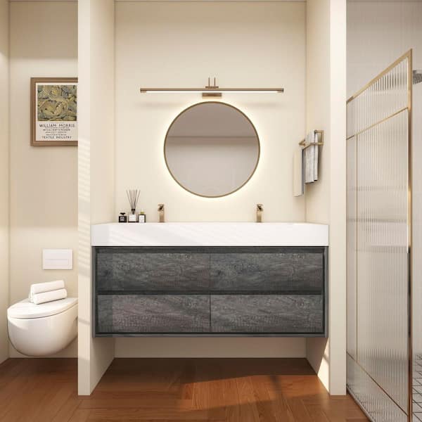 BV Better Vanity Saggie 59 in. W. x 20 in. D x 28 in. H Double Sink Floating Bath Vanity in Smoke Oak with White Acrylic Top