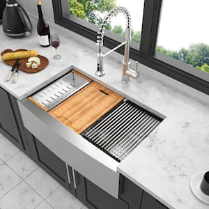 30 in. Farmhouse/Apron Front Single Bowl 16 Gauge Stainless Steel Kitchen Sink Workstation with Bottom Grids, Colander