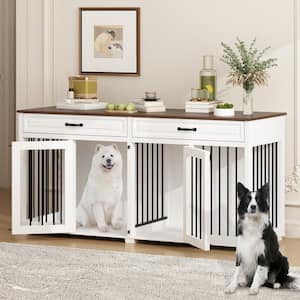 White Wood 64.6 in. W Accent Storage Cabinet with 2-Drawer, Dog Crates Cage Furniture for Small, Medium Dog