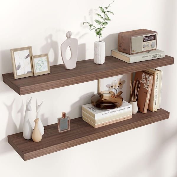35.4 in. W x 7.8 in. D Walnut Floating Decorative Wall Shelf Set of 2