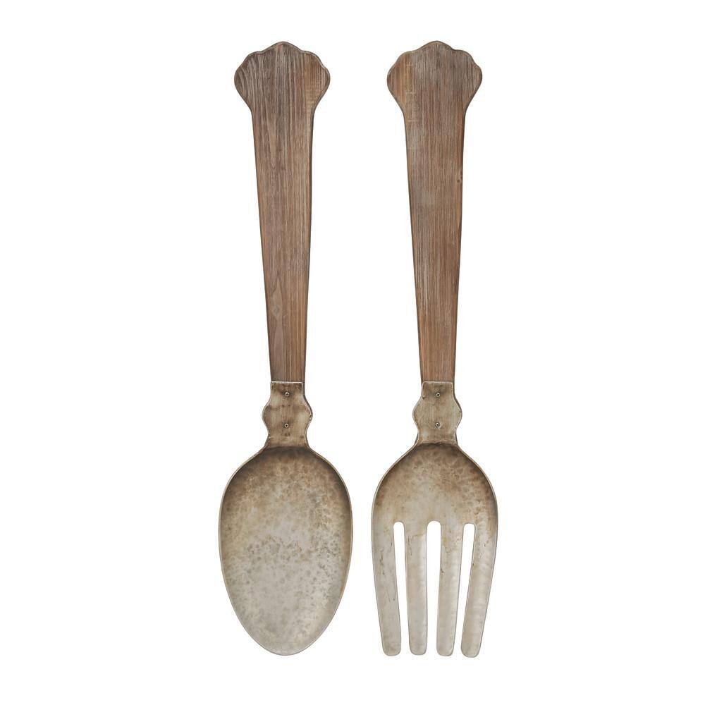 Large Brown and Silver Metal Spoon and Fork Wall Decor Set